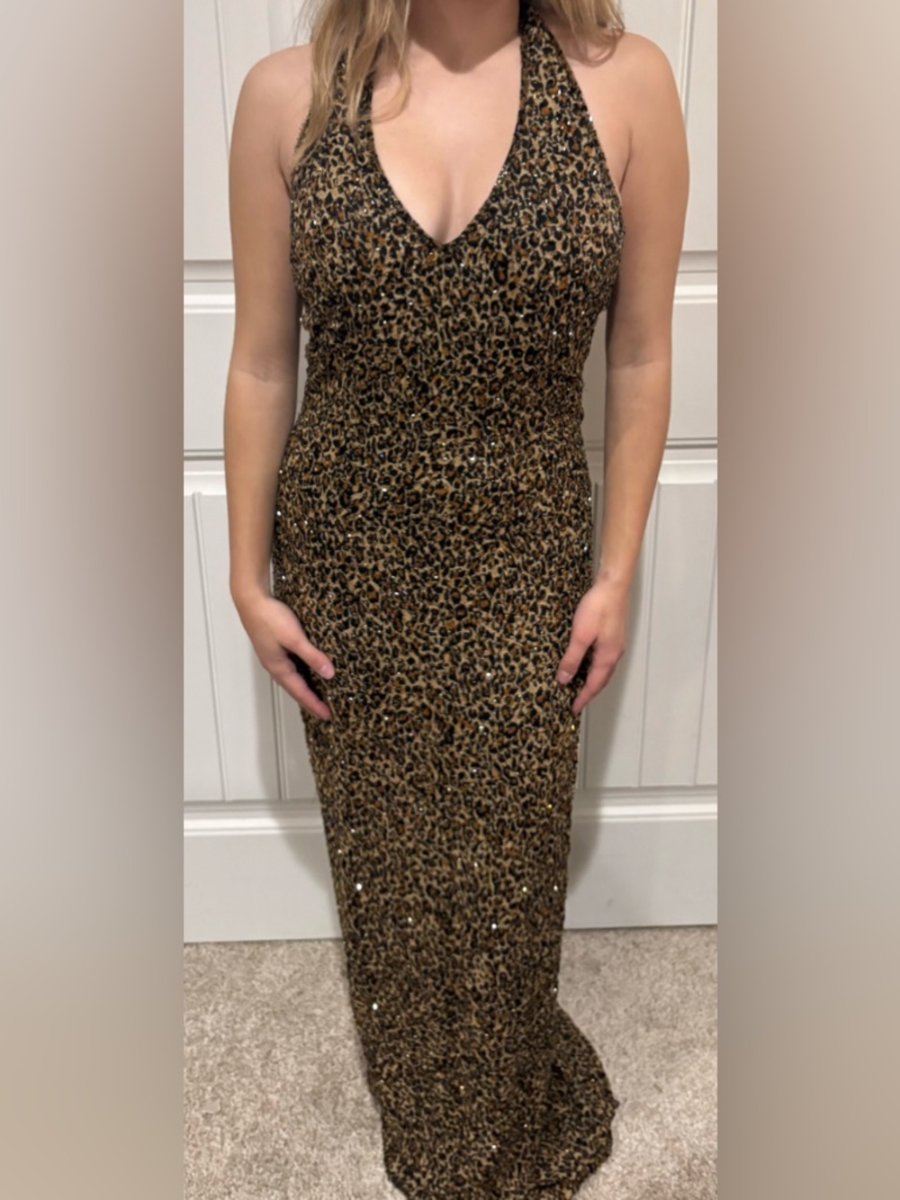 Leopard Print Sequin Bodycon Dress - Brown